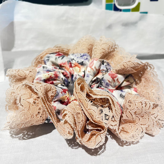 Pink floral double trim scrunchie