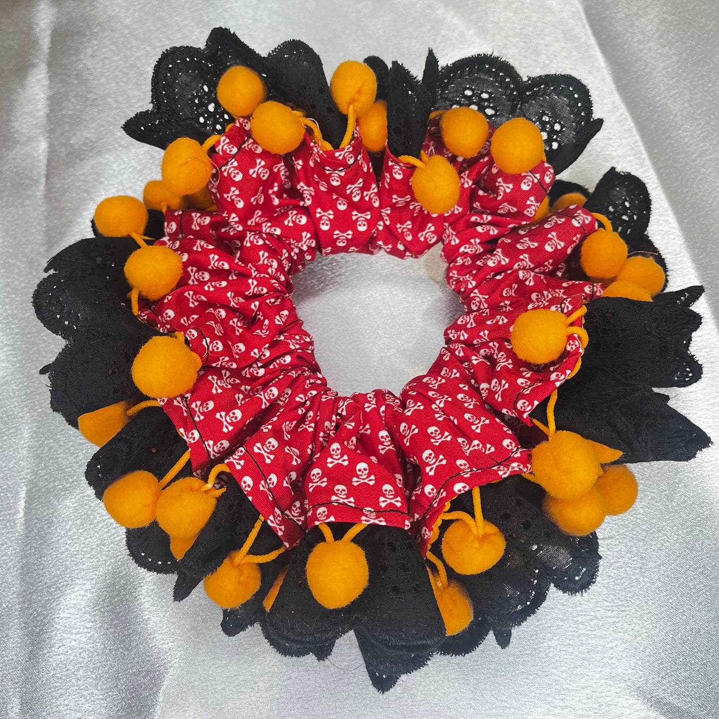 Halloween orange Pom Pom trim scrunchie