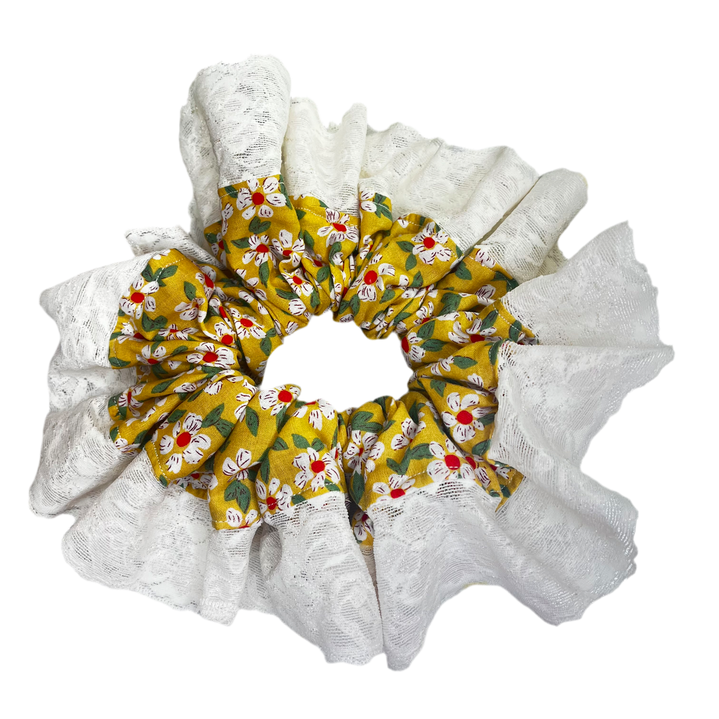 XXL yellow flowers with white trim scrunchie