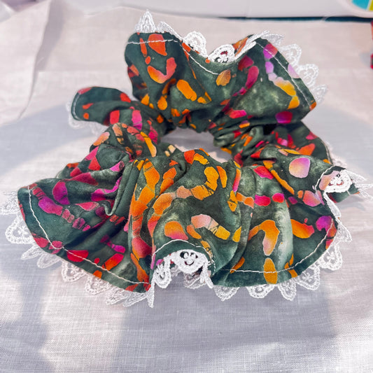 Hand dyed batik scrunchie with trim