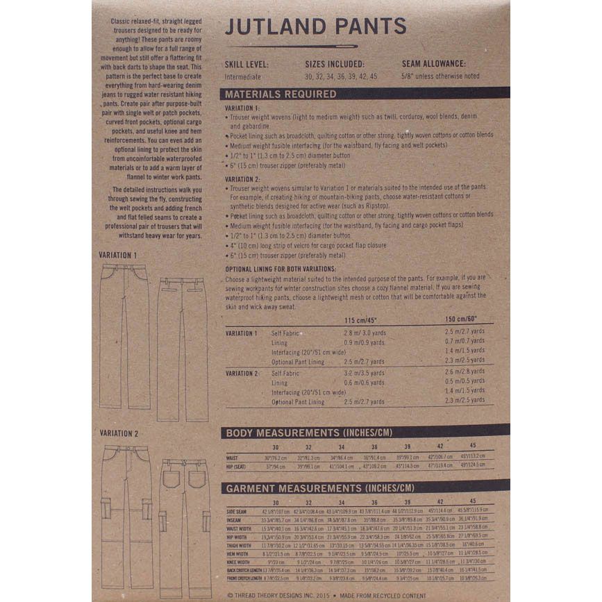 Jutland Trousers Thread Theory Designs Sewing Pattern. Size 30-45.