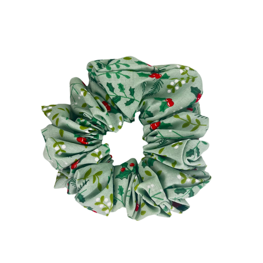 Christmas green holly scrunchie