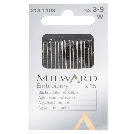 Milward Hand Sewing Needles: Embroidery--Crewel: Nos.3-9: 15 Pieces